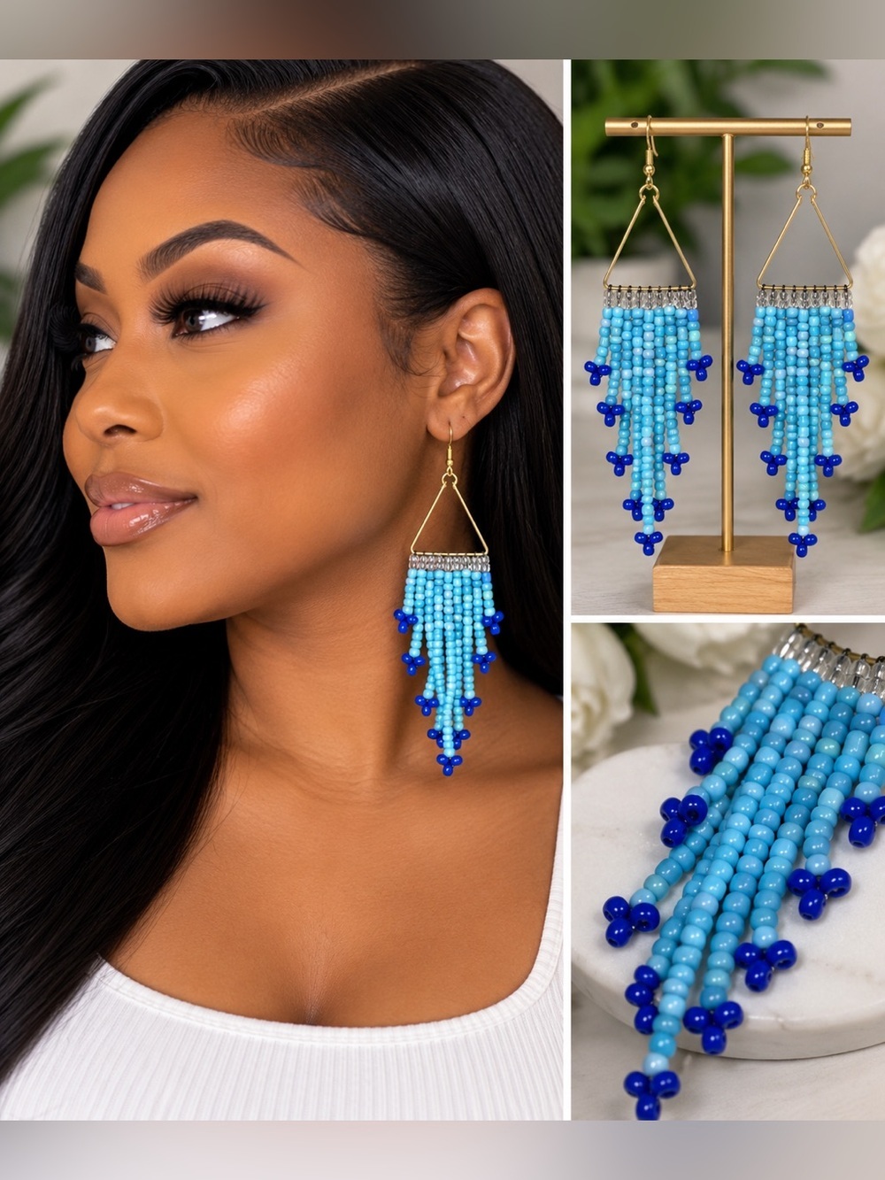Gold-Tone Blue Beaded Fringe Triangle Earrings